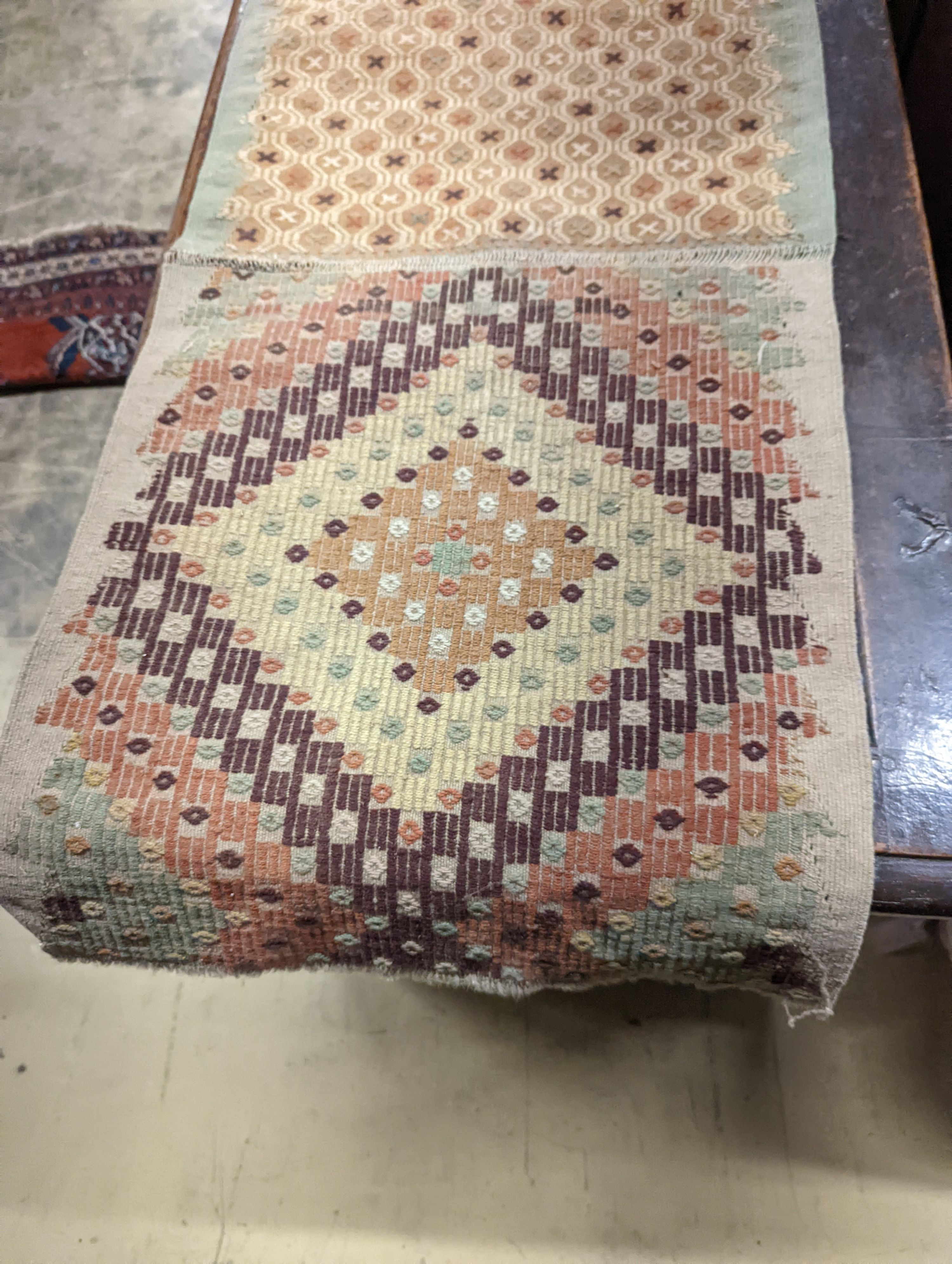 A Greek islands embroidered triple Kilim panel, 180 x 57cm and a small worn Kelim rug, 148 x 97cm